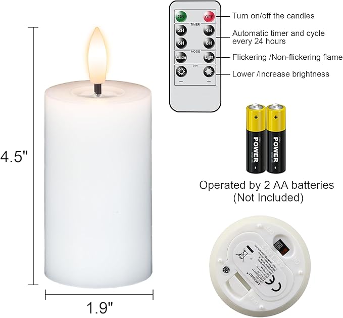 Votive Candles Battery Operated, 6 PCS Real Wax White LED Votive Flemeless Candles with Remote Timer and Flickering 3D Flame, Pillar Candle for Home Wedding Party Decor(1.9” x 4.5”)