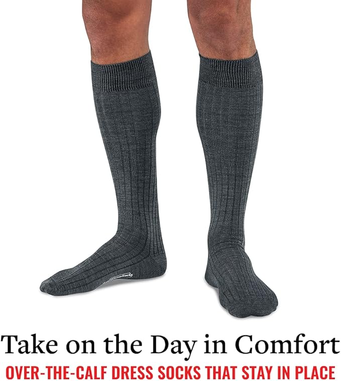 Merino Wool Dress Socks for Men – Over-the-Calf, Ribbed Wool Dress Socks for Size 8-12 – Breathable, Reinforced Heel and Toe