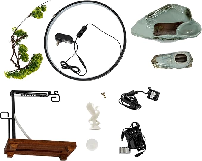 Backflow Incense Holder with Water Fountains and LED Light, Rockery, Crane and Plants Perfect for Relaxing or Home Decor
