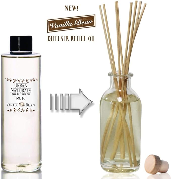 Urban Naturals Vanilla Bean Scented Oil Reed Diffuser Refill | Includes a Free Set of Reed Sticks! Vanilla Cream, Amber & Sweet Tonka Bean, 4 oz.