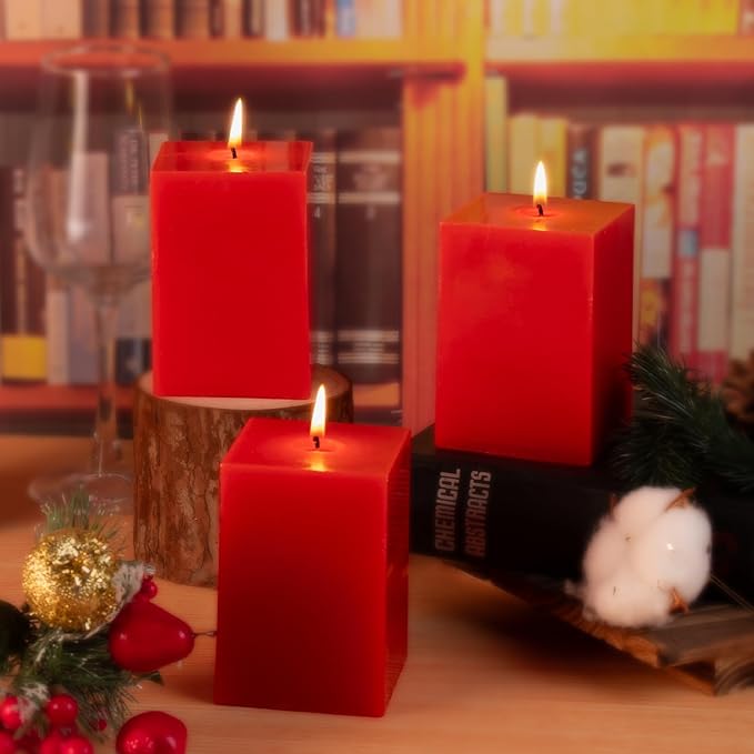 KONNI Square Red Pillar Candles Set of 3, 2.8"x 4" Unscented Pillar Candles Bulk, 30 Hours Long Burning Candles, Smokeless and Dripless Large Candle for Wedding, Home Decoration, Parties, Spas, Dinner