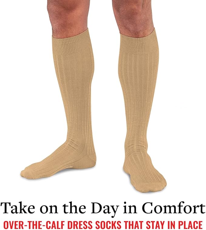 Merino Wool Dress Socks for Men – Over-the-Calf, Ribbed Wool Dress Socks for Size 8-12 – Breathable, Reinforced Heel and Toe