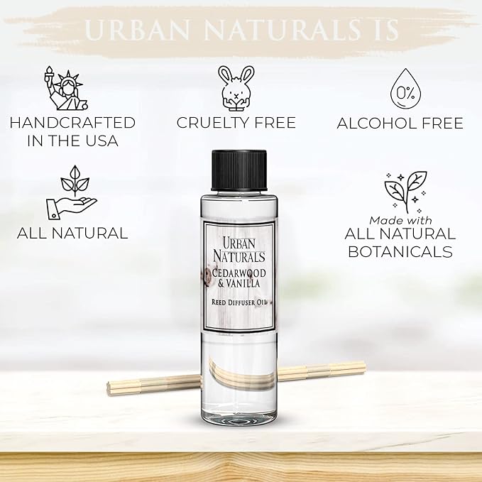 Urban Naturals Reed Diffuser Oil Refill, Cedarwood Vanilla Fragrance Oil with Oak, Cedar, Vanilla, 4 oz + Free Reed Sticks, Made in The USA