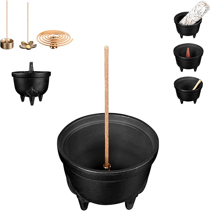 Cast Iron Incense Burner - 4 in 1 Incense Holder Burner Set, Three-Legged Incense Ash Catcher with Lid for Rituals, Decoration, Etc（Large）