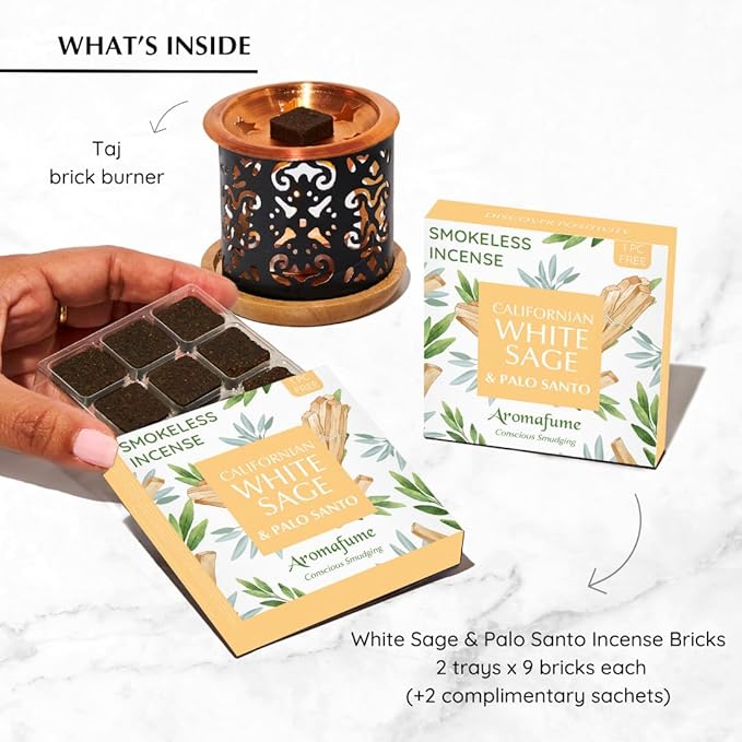 White Sage & Palo Santo Incense Bricks with Taj Exotic Burner by Aromafume | 2x9 Bricks | Sage Incense for Cleansing Negative Energy & Protection | Sage for Smokeless Smudging, Spiritual Cleansing
