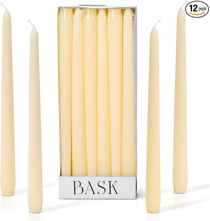 Bask 10-inch Taper Candles - Unscented and Dripless - Burns for 8 Hours - Home Decor for Dinner Table, Kitchen, and Bedroom - Perfect for a Romantic Date or Anniversary - 12-Pack - Ivory