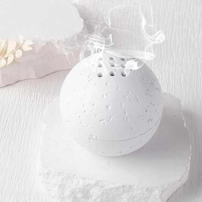 9 Holes Handmade Round Incense Resin Burner Holde, Minimalist Sphere Incense Frankincense Burner, Ravertine Incense Cone Holder for Yoga Meditation Spa Reading (White)