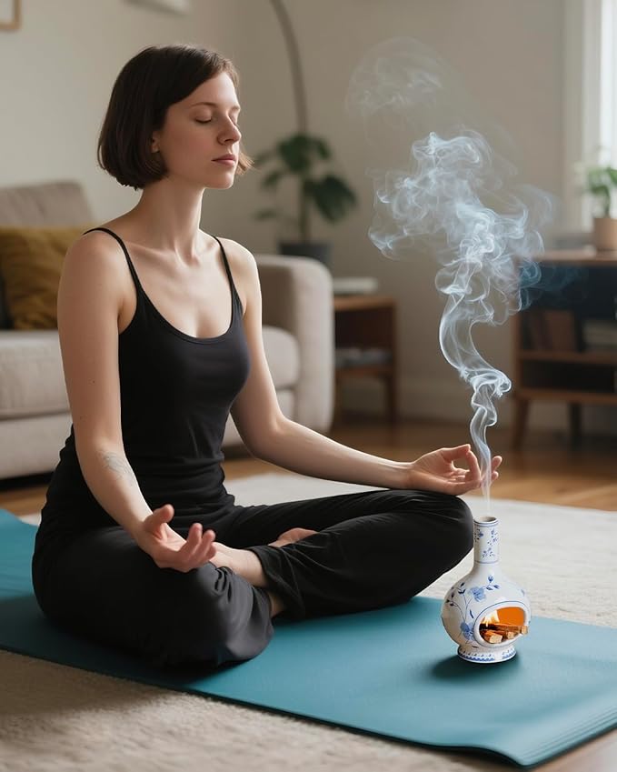 Ceramic Incense Holder Palo Santo Burner - Handmade Blue and White Porcelain Mini Chiminea for Ash Catching & Meditation Decor - Vintage Oriental Burner for Yoga Room Spiritual Gift