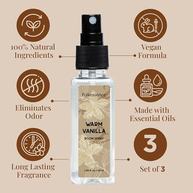 Folkulture Air Fresheners - Set of 3 Odor Eliminators | Vanilla Fragrance Spray for Home | Autumn Spice or Fall Scents Room Spray for Living Rooms, Bathrooms with Natural Essential Oils | 5.1 Oz