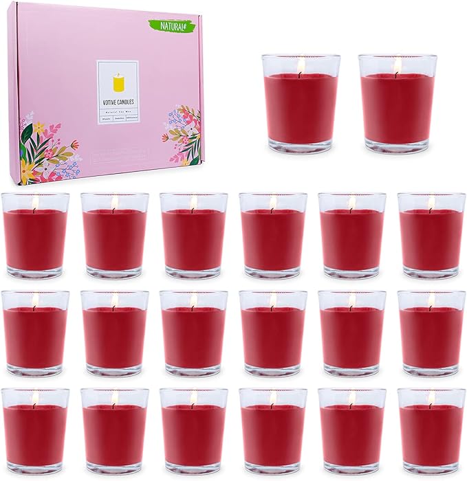 20 Packs Unscented Red Votive Candles in Glass Bulk Small Soy Wax Candles for Home Party Weddings Holiday, 20 X 1.8oz Red