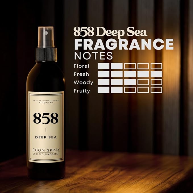 858 Deep Sea - Room Spray, Hotel Fragrance, Citrus, Powder, Sandalwood, Dark Musk Infuse with Natural Essential Oils Blend, Aroma Oil (8oz/237ml)
