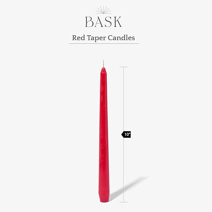 Bask 10-inch Taper Candles - Unscented and Dripless - Burns for 8 Hours - Home Decor for Dinner Table, Kitchen, and Bedroom - Perfect for a Romantic Date or Anniversary - 12-Pack - Red