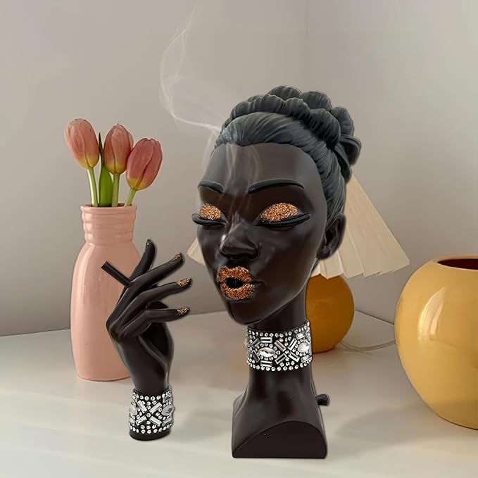 Head Scent: Elegant Head Incense Black Woman Burner, Modern Design, Stylish Head Scent Incense Holder Black Women, Sophisticated Home Decor, Desk Accessory (Blue Eye)