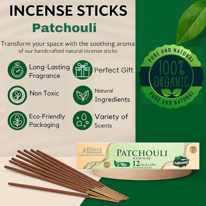 Bless-International-Patchouli 100%-Natural-Handmade-Incense-Sticks Organic-Chemicals-Free-for-Relaxation-Positivity-Yoga-Meditation 12-Inches-1-Hour-Plus-Burning-Time-75-Sticks-7-OZ