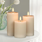 Real Wax Flameless Candles with 6hrs Timer, Battery Led Pillar Candles Flickering 3D Wick Pack of 3 Striped Candles, Party Dinner Home Decor House Warming, Light Gray Φ 3" H 5" 6" 7"