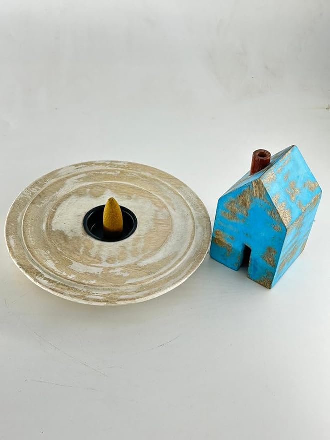 S.B ARTS Incense Holder for Sticks, Insence Stick Holder Ash Catcher for Table Decorations and Gifting - Wooden Incense Tray for Sticks - Home Decor Gifts (Blue Hut)