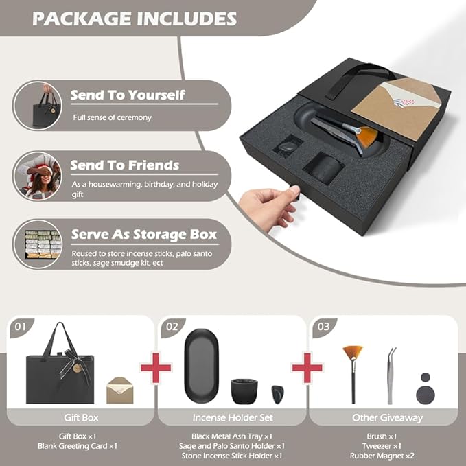 Incense Holder for Sticks, Handmade Sage and Palo Santo Holder, Sage Smudge Burner, Palo Santo Sticks Holder, Ash Catcher Tray, Yoga Meditation (Black)