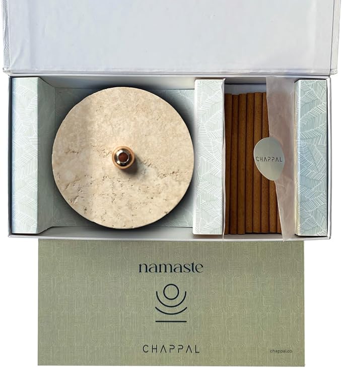 Namaste Meditation Set – Natural Yoga Incense Sticks with Travertine Incense Holder – Aromatic Gift Box for Meditation, Relaxation & Mindfulness