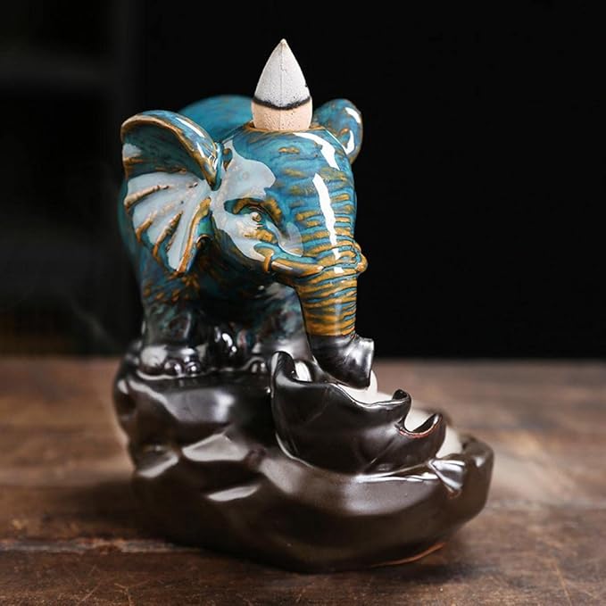 Comeon Backflow Incense Burner Elephant Incense Holder Handmade Ceramic Incense Waterfall Burner Censer + 20 Backflow Incense Cones 30 Incense Sticks 1 Tweezer 1 Mat for Meditaion Home Decor