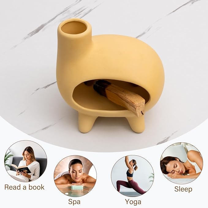 Elegant Handcrafted Ceramic Palo Santo Burner-Yellow Terracotta Footed Incense Holder for Meditation,Compatible with Wood Sticks,Sage,Ash&Cones-Mini Aromatic Home Altar with Chimney Design