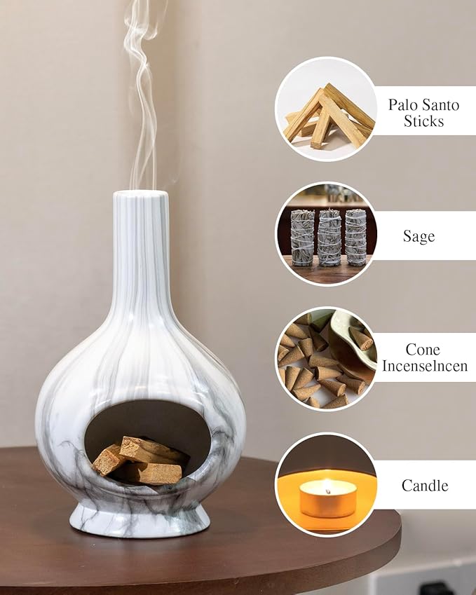 Handmade Ceramic Incense Holder，Stick & Backflow - Sage Holder for Burning ，Meditation Accessories，Easily Grab All Incense Ash (Marble)