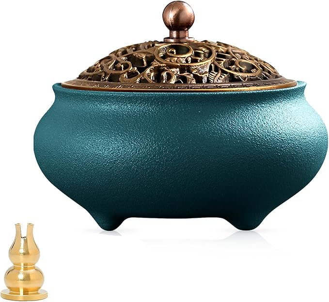 Coil Incense Burner， Ceramic Cone Incense Burner Holder Suitable for Incense/Cone/Coil/Stick, Sage, Mosquito Incense, and Charcoal. Incense Holder+Fireproof Cotton Inside.
