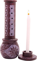 Marble Handmade Soapstone Red Incense Stick Holder | Candle Burner | Tea Light Holder - Round Jaali Carving for Gifting. Decorative Home and Office Decor - (2.5 x 2.5 x 10 Inches)
