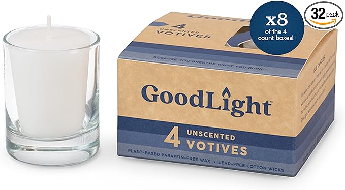 GoodLight Paraffin-Free Votive Candles, Vegan Palm Wax, Clean-Burning and All-Natural Votive White Candles | 15-Hour Burn Time (32 Unscented Votive Candles)