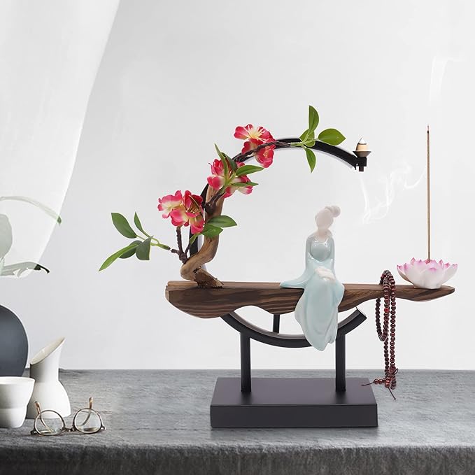 Backflow Incense Holder with LED Light and Begonia, Ceramic Lady Chinese Style Backflow Incense Burner Perfect for Relaxing or Home Decor