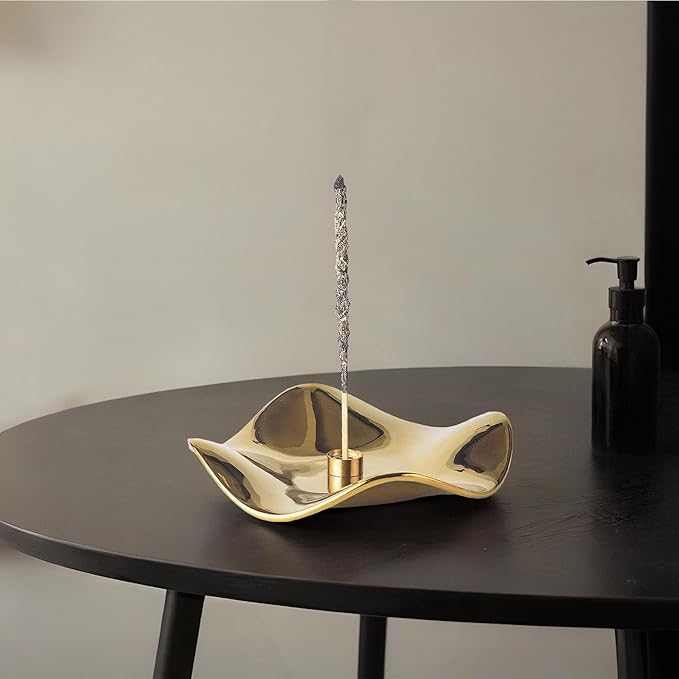 6.7 "Ceramic Incense Burner for Incense/Coil,Wavy Base with Brass -Incense Holder for Sticks,with Ash Catching Bowl for Meditation Yoga and Home Decoration (Gold)