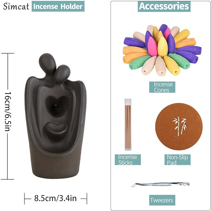 Simcat Backflow Incense Burner Handicraft Hugging Lovers Incense Waterfall Burner Ceramic Incense Holder Censer Romantic Home Decor +20 Backflow Incense Cones 30 Incense Sticks 1 Tweezer 1 Mat