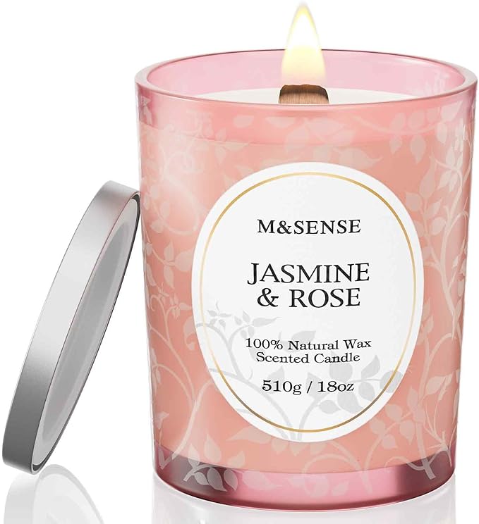 M&SENSE Jasmine Rose Candle, Wooden Wick Heavy Scented Candle, 100 Hours Long Burning No Toxin Natural Soy Wax 18oz, Stress Relief Romance Relax Home Fragrance,Housewarming Gifts for Her Him