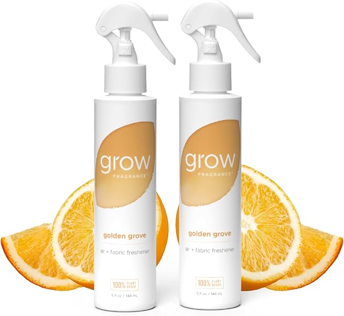 Grow Fragrance 100% Plant-Based Air Freshener Spray | Freshen Fabric & Rooms | Golden Grove Scent - Citrus, Fruits, Watery Green Notes | Made with Natural Essential Oils - 2 Pack, 5 oz each