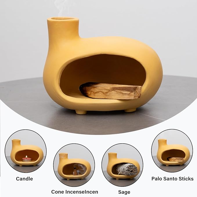 Yellow Palo Santo Holder with Chimney–Mini Fireplace Incense Burner for Sage Burning, Wood Sticks, Cones&Tealights-Handcrafted Ceramic Smudge Bowl,Aromatic Incense Burner-Yoga Meditation Gift