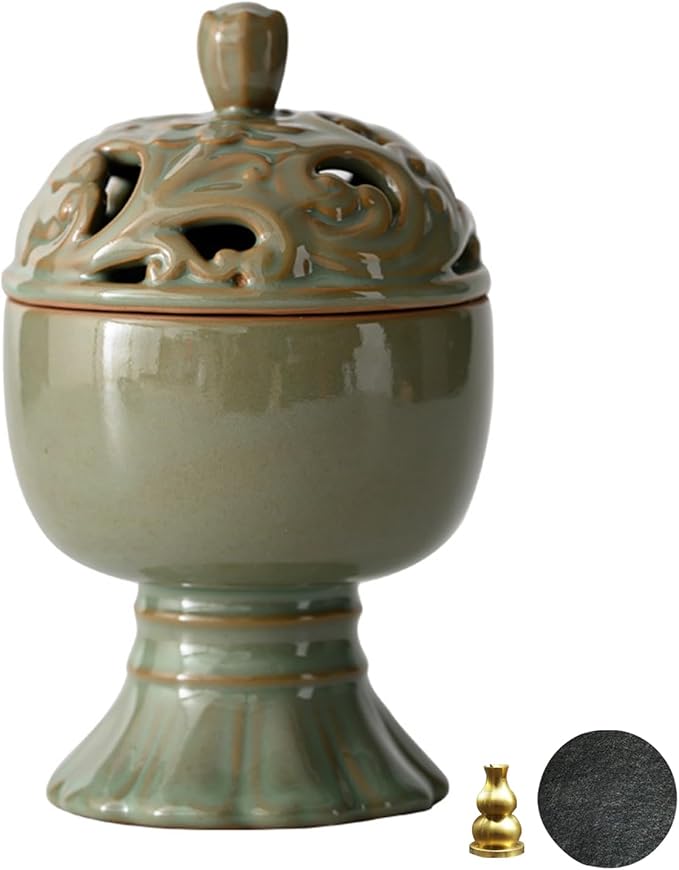 Ceramic Incense Burner with Lid,Boshan Incense Cone Holder for Coil Incense and Powder Incense,Mediation Gift,Home Decor (Green)