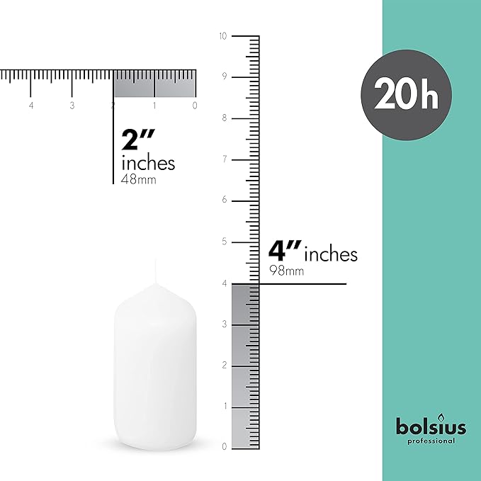 BOLSIUS Set of 20 White Pillar Candles - 2x4 inch Unscented Candle Set - Dripless Clean Burning Smokeless Dinner Candle - Perfect for Wedding Candles, Parties and Special Occasions