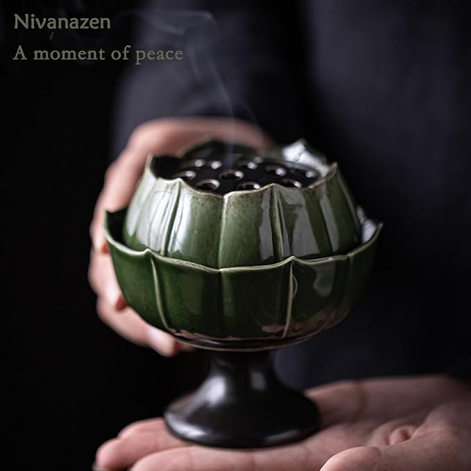 Ceramic Incense Holder with Lid,Lotus Incense Cone Holder for Coil Incense and Powder Incense,Mediation Gift,Home Decor (Deep Green)
