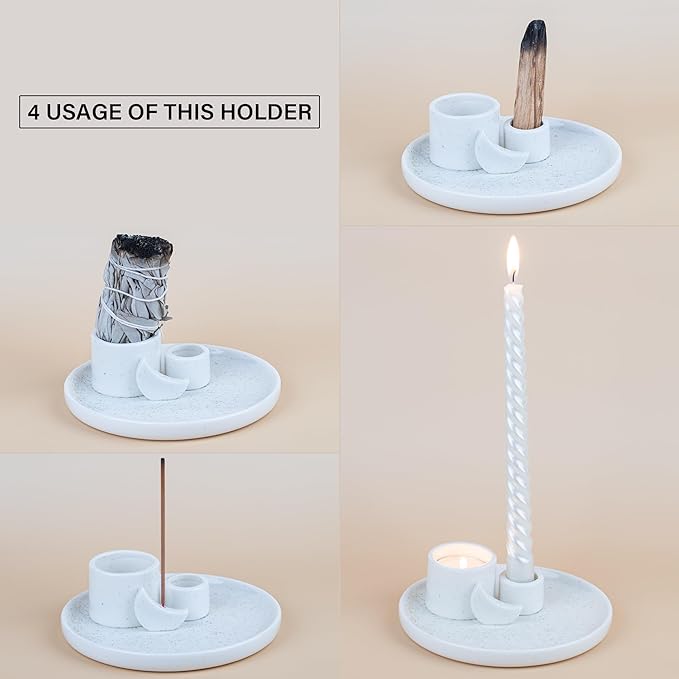 ZenBless 4 in 1 Incense Burner Holder, Palo Santo Holder, Sage Holder for Burning, Incense Holder for Sticks, Candle Holder, Ceramic Ash Catcher Tray for Meditation Yoga Room Home Decor (White)