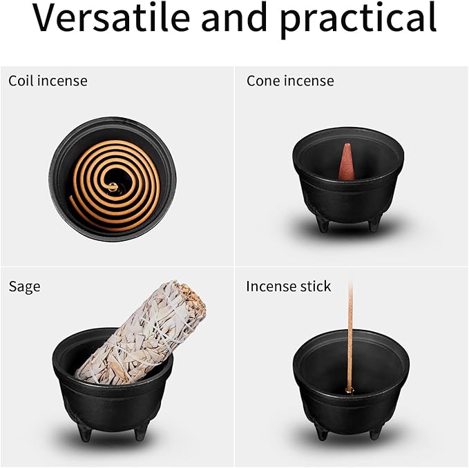 Cast Iron Incense Burner - 4 in 1 Incense Holder Burner Set, Three-Legged Incense Ash Catcher with Lid for Rituals, Decoration, Etc（Large）