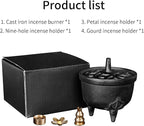 Cast Iron Incense Burner - 4 in 1 Incense Holder Burner Set, Three-Legged Incense Ash Catcher with Lid for Rituals, Decoration, Etc（Large）