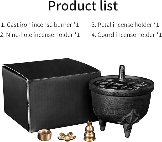 Cast Iron Incense Burner - 4 in 1 Incense Holder Burner Set, Three-Legged Incense Ash Catcher with Lid for Rituals, Decoration, Etc（Large）