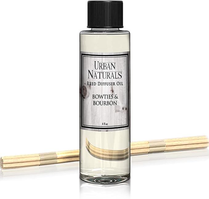 Urban Naturals Bowties & Bourbon Scented Oil Reed Diffuser Refill with Free Set of Reed Sticks. A Unisex Scent Blended with Dark Oak, Bergamot and Bourbon for a Fresh, Clean Smelling Home, 4 oz