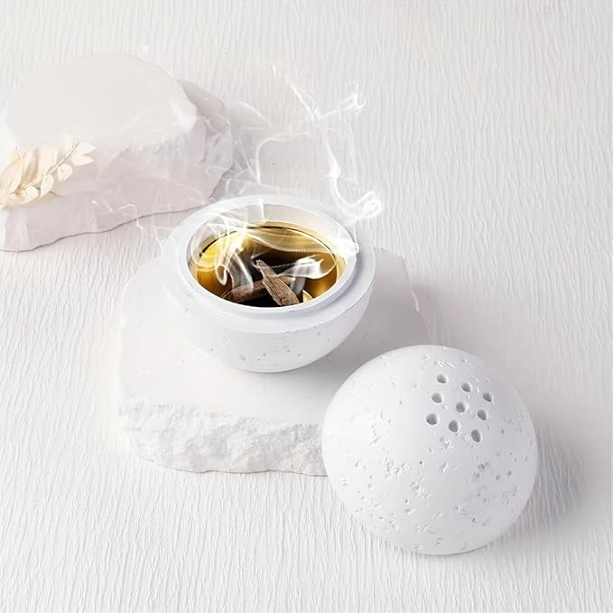 9 Holes Handmade Round Incense Resin Burner Holde, Minimalist Sphere Incense Frankincense Burner, Ravertine Incense Cone Holder for Yoga Meditation Spa Reading (White)