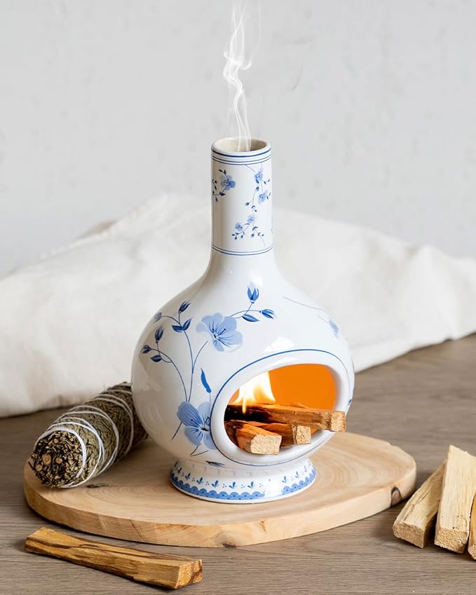 Ceramic Incense Holder Palo Santo Burner - Handmade Blue and White Porcelain Mini Chiminea for Ash Catching & Meditation Decor - Vintage Oriental Burner for Yoga Room Spiritual Gift