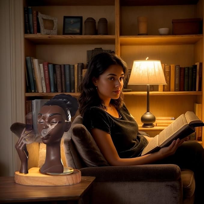 10 Inch Head Incense Burner Black Woman, Exquisite and Elegant Incense Burner,Unique Home Gift Table Accessories,Calm Room Waterfall Decoration (Eyes Closed)