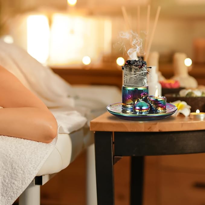 uxcell Incense Burner, 4 in 1 Ceramic Incense Holder Santo Holder Ash Catcher & Candle Holder Decorative Bowl for Meditation Stick Aromatherapy Yoga, Blue