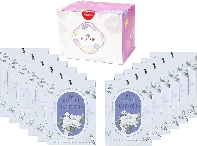 12 Packs Fragrance Bags with Hanging Strings, Air Freshener Deodorizer for Closet and Drawer,6 Scents Option- Lavender,Magnolia,Jasmine,Rose,Osmanthus,Gardenia (Magnolia)