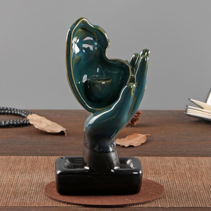 YYW Ceramic Incense Holder,Meditative Backflow Waterfall Incense Burner,Face Thinking Incense Waterfall with 20 Backflow Incense Cones + 30 Incense Stick for Women Men Room Decor