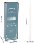 20 Pack White Taper Candles 12 Inch Tall 3/4 Inch Thick Burn 10 Hours
