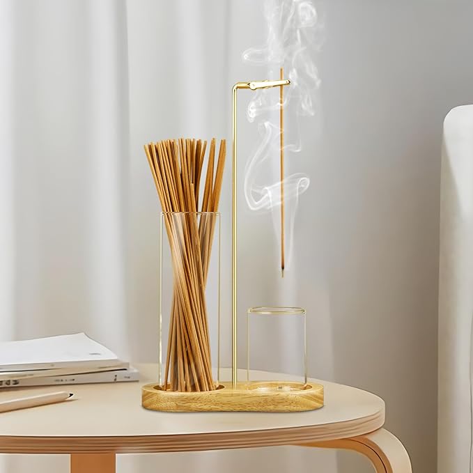 2 in 1 Incense Holder for Sticks, Anti-Ash Flying Incense Burne with Glass Ash Catcher and Incense Sticks Organizer for Meditation Yoga Spa Home Decor (Light Base)